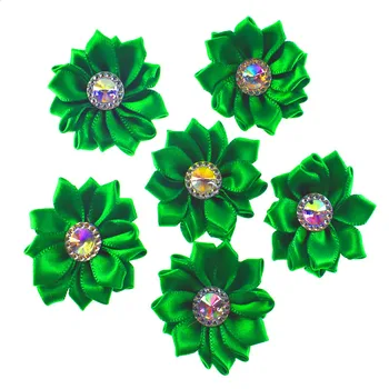 20pcs Зелена лента сатен на цветя AB кристал флорални апликации занаят шиене сватбени аксесоари за коса 4.5 см
