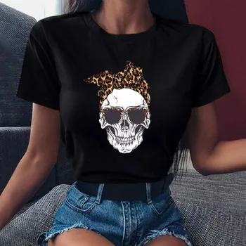 Дамска риза в стил харадзюку с череп на Елен, Камуфляжная тениска с тюрбаном от зебло, Върхове с графичен дизайн и къс ръкав за момичета, директен доставка