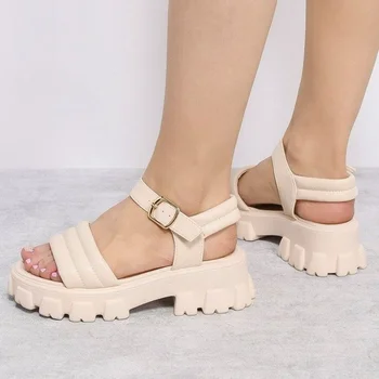 Дамски сандали на платформа квадратни токчета глезена катарама лятна дамски обувки Мода PU кожа плътен помпи 2022 нескользящий женски