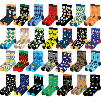 Мъжки чорапи, геометрични чорапи с приливите и отливите, чорапи с животни, творчески мъжки чорапи за екипажа, полицейски чорапи със средна дължина, дамски чорапи в стил харадзюку с цветя