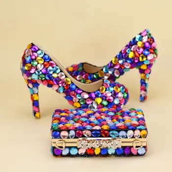 Цветни сватбени обувки big cyrstal с подходящи чанти, дамски модни обувки, дамски обувки-лодка на висок ток, вечерни модела обувки в голям размер