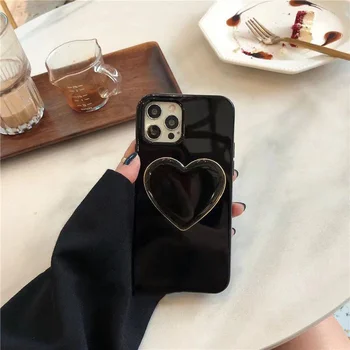 Японски Корейски черен Калъф-Поставка от Сърце Любов, стойка За телефон, калъф За iPhone 11 12 13 Pro Max XR XS X 7 8 Plus, Мека Защитна Делото