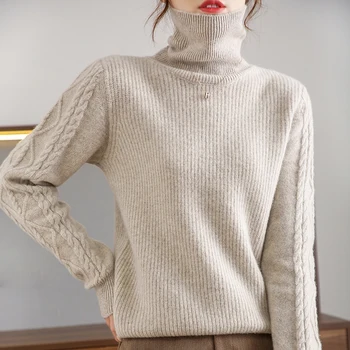 100% жена вълнен пуловер 2021, дебел вълнен вязаный пуловер, нов свободен пуловер, обикновен, плюс размера на долната риза