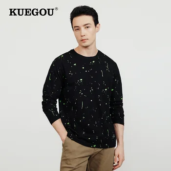 KUEGOU 100% Памук Графична Тениска За Мъже Мъжка Тениска С Дълъг Ръкав Мъжка Мода Корейски 2022 Негабаритная Тениска 60009