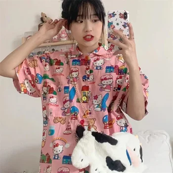 Y2K Розова Тениска с Къс ръкав и принтом Hellokitty, Универсална Тениска за момичета в стил Ретро Showa Sweet Girl 2022, Лятна Блуза Kawaii Sanrio