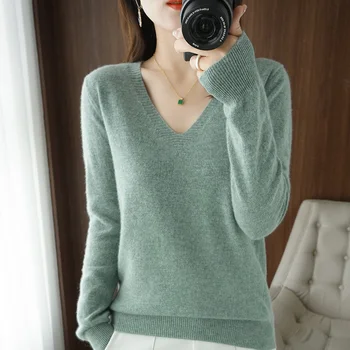 Жена Вълнен Пуловер С V-образно деколте, Есен-Зима, който Запазва Топлина, Възли, Пуловери, Корейски Модни Свободни Топове, Основни Пуловери Pull Femme, 2021