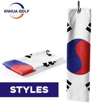 Кърпа за голф с флага Корея за голф, Трикратно Кърпа за голф | Висококачествена кърпа от микрофибър | Гофрети модел | Тежкотоварни карабинер