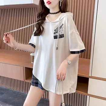 Модерна дамска тениска с качулка, Летни Дрехи, фланелка в корейски стил с къси ръкави, дизайнерски Ежедневни блузи с качулка, Тениски Оверсайз