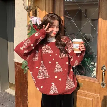 Пуловер 2022 Корейски през цялата деколте с дълги ръкави снежинка коледен коледен пуловер женски сгъсти топъл външен пуловер