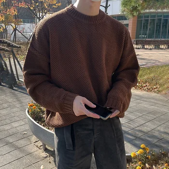 Пуловер С Кръгло деколте, Мъжки Есента Корейски Свободен Модерен Пуловер с Дълъг Ръкав, 2023, Реколта Мъжки Блузи, Обикновен