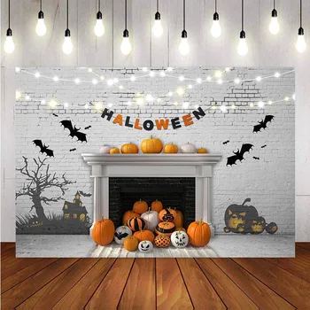 Фон за Снимки Ужасен Хелоуин Тиква Бяла Тухлена Стена с Дървени подове, Декоративни Фонове за фото студио